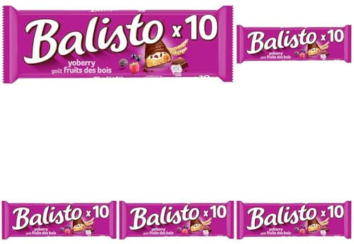 BALISTO - Barres chocolat et biscuit céréales, lait et fruits des bois - 10 sachets de 18,5g - 185g (Lot de 5)