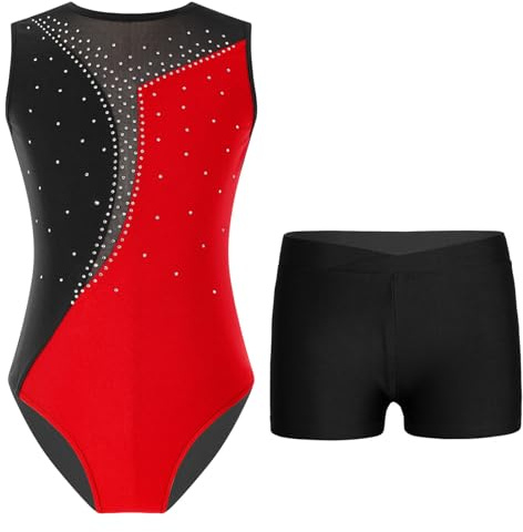 Yruioon Mädchen Turnanzug Glitzer Gymnastikanzug mit kurze Hose Trikotanzug Ärmellos Ballettanzug Gymnastik Turn-Leotards Wettbewerb Tanzkostüm