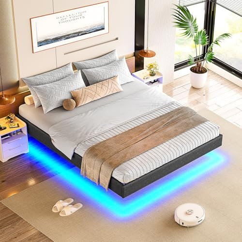 Brinlawb Bett 140x190 cm mit LED Beleuchtung Bettgestell 140x190 mit stabilem Metallrahmen und Holzlatten bieten hervorragenden Halt, Bettrahmen Doppelbett Floating Bed Frame, Leichte Montage, Grau