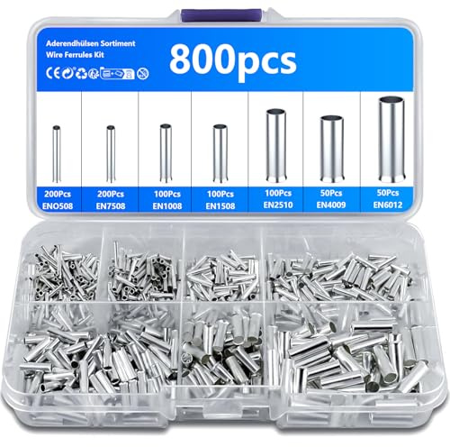 Newoutset 800 Pcs Wire Ferrules Kit, Non-Insulated, 10-22 AWG | Bootlace ferrule crimp terminals, tinned copper wire terminal connectors, uninsulated for electrical projects and DIY wiring