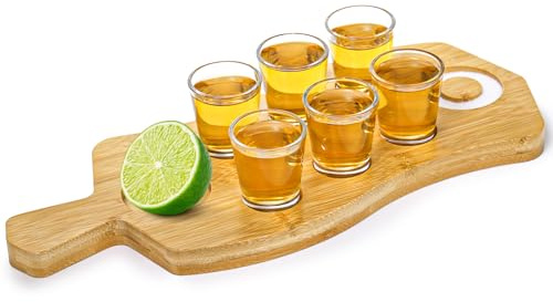 Suwimut Tequila Shot Board and Glass Holder with 6 Shot Glasses, Bamboo Serving Tray Flight Board with Salt Rim, Tequila Gifts for Liquor, Club, Home, Bar, Party, Wedding, Housewarming