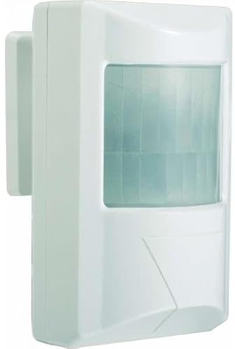 Weißer Bewegungssensor, Reichweite 12 m, 180°, IP44, Maße 9 x 5,5 x 6 cm, ideal für Sicherheit und automatische Beleuchtungssteuerung.