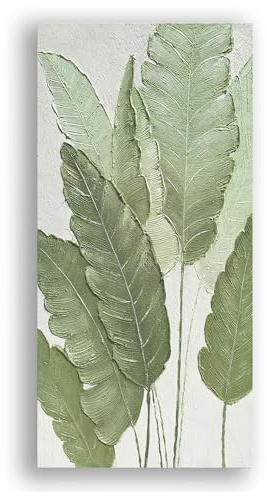 AntExpanse Großes Vertikales Wandbild mit 3D-Textur, Handgemaltes Salbeigrünes Blatt-Ölgemälde auf Leinwand, Moderne Botanische Kunst für Wohnzimmer, Schlafzimmer, Eingangsbereich (40x80 cm Gerahmt)