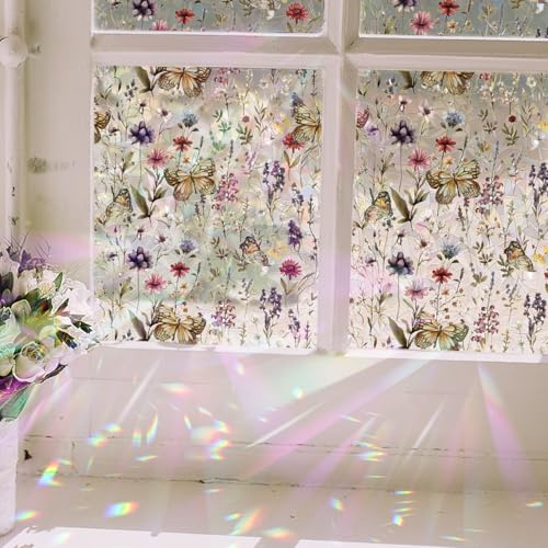 funlife Film fenetre Anti Regard Effet Arc-en-Ciel, Fleurs Sauvages Papillon Vintage Film occultant fenêtre, Imperméable Autocollant, Décoration de fenêtre de Salon, Chambre, Salle de Bain 43X100CM