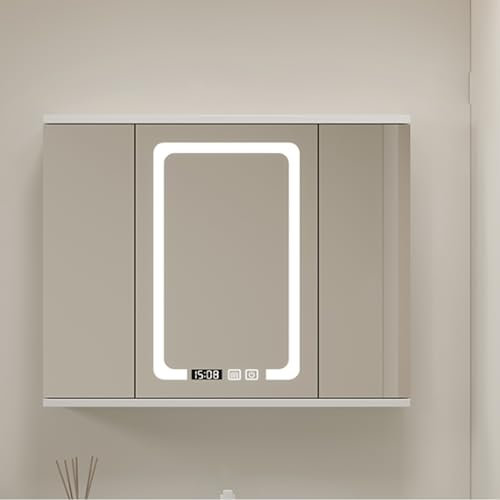 WLCNYL Badezimmerspiegel aus Holz mit Stauraum zur Wandmontage, Medizinschrank mit LED-Spiegel und beschlagfreiem Stauraum, Medizinschrank für Badezimmer mit Spiegel und Beleuchtung, Zeitanzeige, i