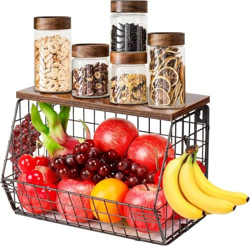 Sprifityy Portafrutta 2 Livelli Cesto Frutta da Tavolo,con Coperchio in Legno,Impilabile e Montabile a Parete Cestino Frutta,Frutta e Verdura Organizer da bagno in filo metallico