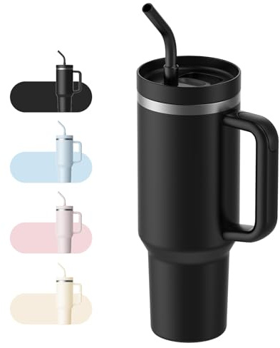 LEIKEEGO Travel Mug Coffee Cup, 1200ml/40oz Tumbler with Straw and Lid, Stainless Steel Double Wall Vacuum Insulated Coffee Cup with Handle-Keeps Cold for 24H-Hot for 12H(Black)