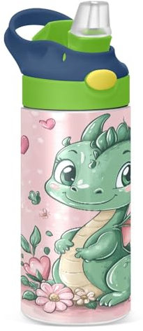 JUMBEAR Bouteille d'eau isotherme en acier inoxydable avec couvercle à paille, motif dragon de dessin animé avec fleurs, 350 ml, pour l'école, garçons et filles