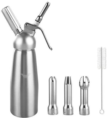 LDHHYH Whipped Cream Dispenser, 500ml Silver Aluminium Cream Whipper with 3 Stainless Steel Nozzles, Cream Charger Dispenser for Cake Cheese Dessert Baking Decoration