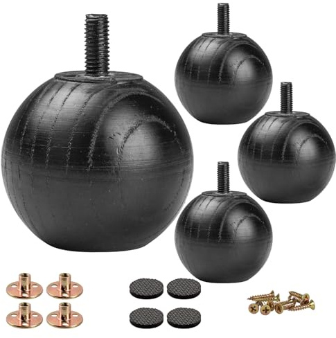Btowin 2 inch Ash Wood Round Ball Furniture Legs, 4-Pack, Black Finished | Ash Wood. Compact Design with M8 Bolts, Hardware Included. Ideal for Sofa, Cabinet, Bed and Dresser. Minimalist Modern Style