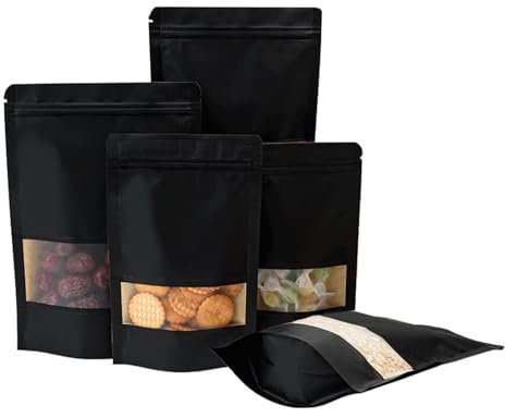 Roppolo 100 Stück 10 x 15 cm Stehende schwarze Kraftpapiertüten mit mattem Fenster, wiederverschließbare Lebensmittelaufbewahrungsbeutel, wiederverwendbar und hitzeversiegelbar für Verpackungen