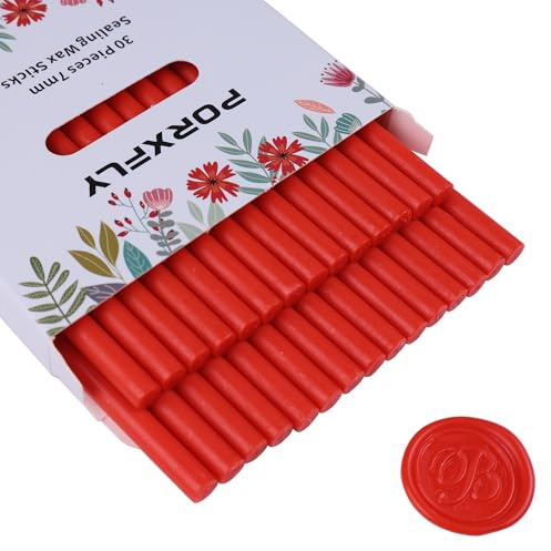30 Stück 7mm Siegel Wachs Sticks für Klebepistole, PORXFLY Mini-Siegelwachsstäbe, ideal für Karten, Umschläge, Hochzeitseinladungen, Geschenkverpackungen, Weinpakete (Rot)