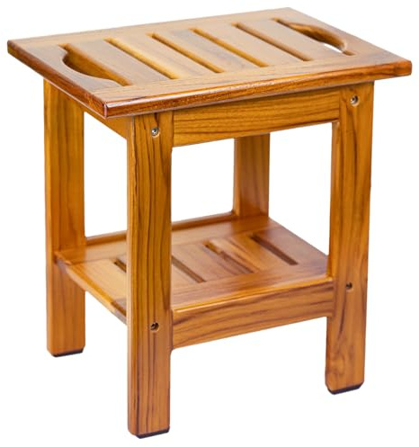 Utoplike Panca doccia in teak, sgabello compatto da doccia con mensola e maniglia, sedile piccolo in legno a 2 ripiani con piedini antiscivolo per bagno, vasca da bagno o uso esterno