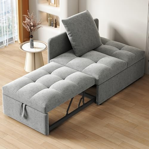 Zravenna 3-in-1-Schlafsofa mit Schlaffunktion, Klappsofa, Sofa Hocker, 5-Fach verstellbare Rückenlehne, Leinenstoffsofa, Schlafsessel für Wohnzimmer & Gästezimmer. (Grau B)