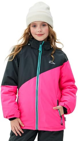 SMONTY Kids Winter Ski Jacket Boys Girls Waterproof Windproof Snowboard Warm Snow Outdoor Hooded Coat(10-12 Years,Grey Pink)