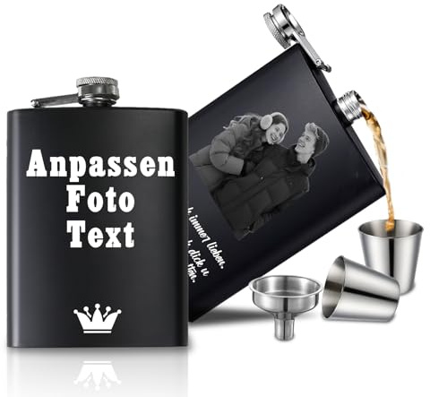 Flachmann mit Gravur aus Edelstahl, 227 ml mit Text und Mustern, Personalisiertes Geschenk für Geburtstag, Weihnachten, Vatertag, Trauzeugen (Fotos Gravieren)