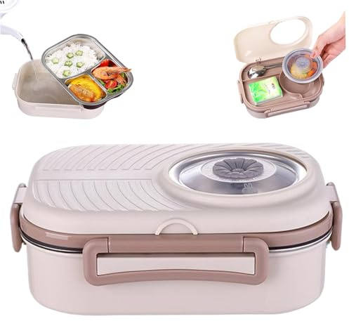 Stainless Steel Lunch Box for Kids and Adults, BPA-Free Leakproof Thermal Lunch Box, Stackable Heated with 3 Compartments Tray and Soup Bowl, Chopsticks and Spoon..
