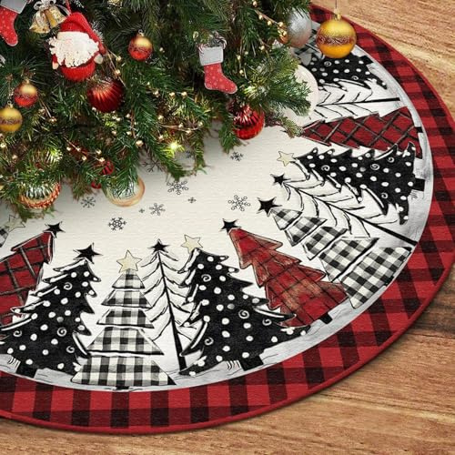 Lambluefly Weihnachtsbaum Decke Rund 122 cm, Rote & Schwarze Büffelkaro, Weihnachtsbaum Motiv, Baumdecke Weihnachtsbaum Teppich Rund für Weihnachtsbaumschmuck, Feiertagsfeiern