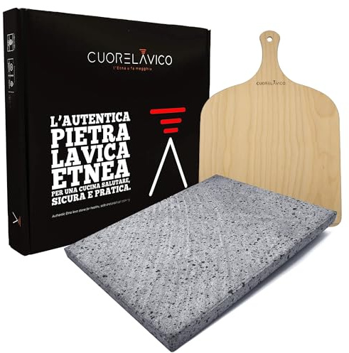 Piastra Refrattaria in Pietra Lavica Etnea 35x30x1,5 cm – Leggera, Resistente, Utilizzabile in Forno, Gas o Barbecue – Ideale per Pizza e Pane (35x30x1,5 CM + PALA PIZZA)