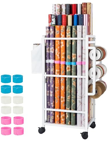 Aquzee Gift Wrapping Paper Organizer Storage, Rolling Gift Wrap Storage Stand, Vertical Wrapping Paper Storage Cart, Ribbon Organizers, 12 PCS Slap Bracelets, Adjustable Rod Design, White