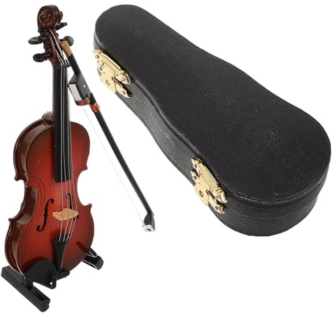GARIOUANS Miniatura Violino in Legno con e Custodia Strumento Musicale Decorativo Compatto per Scrivania e Ufficio Completo con Supporto per Appassionati e Insegnanti