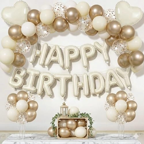 Beige Happy Birthday Decorations Set - Foil Birthday Banner, Beige, Gold Chrome & Confetti Balloons, Cream Heart Balloons for Elegant Birthday Party Decor