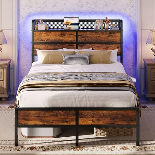 IRONCK Bett 120x200 cm mit LED Beleuchtung, Bettgestell 120x200 mit Steckdosen, USB & Typ-C-Anschluss, Metall Doppelbett mit Holzkopfteil Stauraum, Bettrahmen mit Lattenrost, Unterbett Stauraum