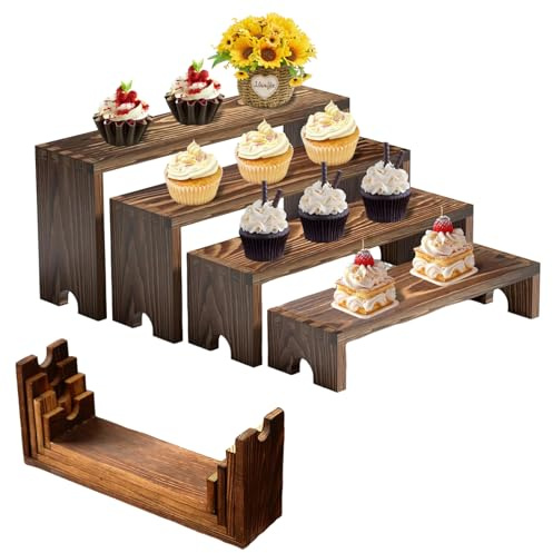 crayfomo 4Pcs Wooden Display Risers Set,Stackable Tiered Display Stand | Wooden Display Stand Shelf,Buffet Risers for Party Desserts,Perfume,Spice,Cosmetics,Spice,Jewelry,Collections,Vendor Event