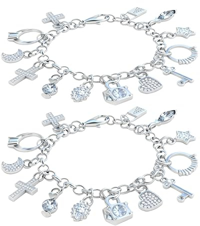 2PCS Charm Bracelet for Women Sterling Silver - Adjustable Dainty Layered Bracelets with 13 Charms, Silver Jewelry Gift for Women