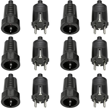 6 Paires Fiches Schuko Mâle et Prises Femelle 16A 250V, Connecteurs Électriques avec Protection et Anti-torsion, Fiches Secteur pour Câble Intérieur et Extérieur, Noir