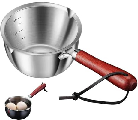 Milk Pan, Small Cast Iron Basting Pot Butter Warmer Pot with Wooden Handle Multi Purpose Stainless Steel Cooking Pan for Milk, Coffee, Tea(300mL)