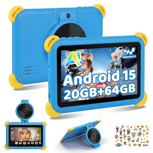 Ainmel Kids Tablet 7 inch Android 15 Tablet for Kids, 20GB+64GB (TF 1TB), Android Tablet with Parental Control, AI Dual Cam&Learning, WiFi 6/BT 5.3, Widevine L1, Kid Tablet with Protective Case - Blue