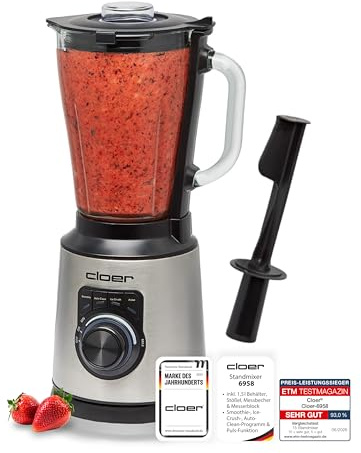 Cloer 6958 Standmixer mit 1,5 l Glasbehälter und 6-flügligem Messer, Mixer mit Smoothie-, Ice-Crush-, Auto-Clean-Programmen & Puls-Funktion, stufenlos einstellbare Geschwindigkeit, 1200 W