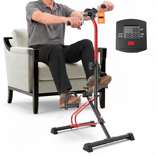 Heimtrainer Fahrrad, Reha-Heimtrainer für Senioren mit LCD-Display, Kompaktes Hand- und Fußtrainingsgerät für Physiotherapie und Fitness zu Hause (Rot)