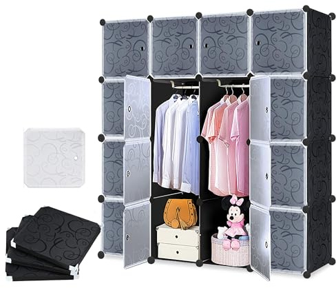 TATIVALO Sistema de estanterías DIY Armario con puertas de plástico PP Modular Almacenamiento para ropa, zapatos, libros, con 16 cubos