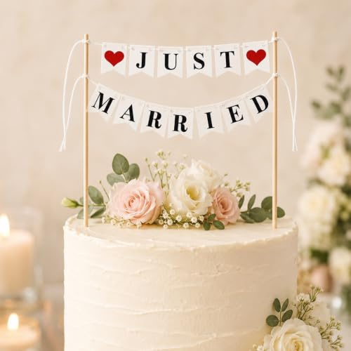 Gleevio Just Married Tortendeko Wimpelkette,Cake Topper Hochzeitstorte Deko | Just Married Deko Torte Mini-Girlande Papier,Tortendeko Hochzeit,Kuchendeko Schnell Montiert für Antrag,Verlobung,Jahrestag