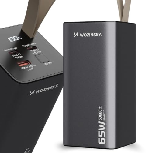 WOZINSKY Batería Externa Power Bank 30000mAh K65+ 65W 2 Puertos USB-C 1 Puerto USB-A Cargador Portátil Carga Rápida Negra