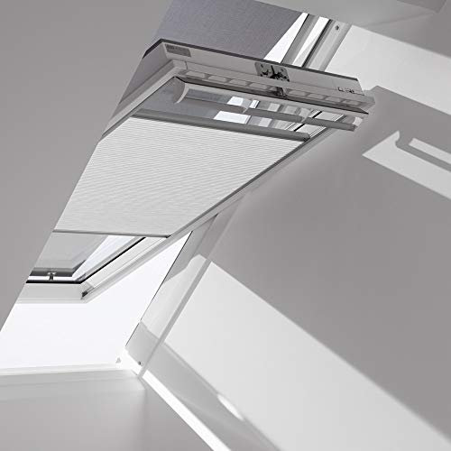 Original VELUX Vorteils-Set ( Faltstore DuoLine + Hitzeschutz-Markise ) FOP P10 1045S Für // GGL, GTL, GPL, GHL P10, 410 und GGU, GTU, GPU, GHU P10 // in Stofffarbe 1045 / Uni Weiß - Markise in Schwarz // Seitenschienen in Silber _40884