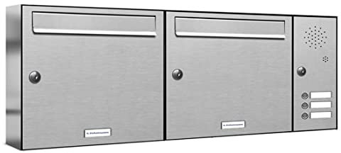 AL Briefkastensysteme 2er Briefkastenanlage mit Klingel, V2A Edelstahl, Premium Doppel-Briefkasten DIN A4, 2 Fach Postkasten modern Aufputz