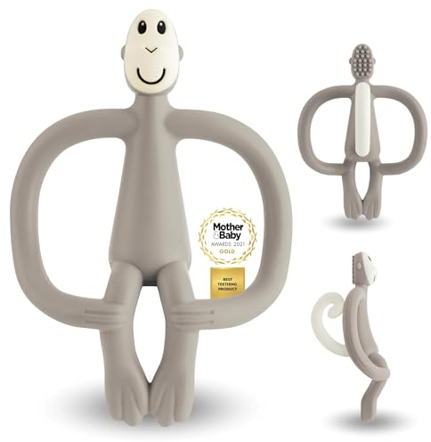 Matchstick Monkey, Original Teether & Gel Applicator, Antimicrobial Silicone Teething Toys for Baby, Easy to Grip, BPA Free, 3 Months Old+, 10.5 cm, Grey Monkey