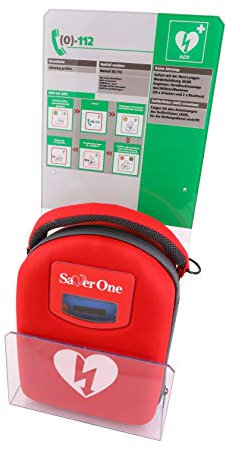 Saver One AED Defibrillator SA1 m. manueller Auslösung (SVO-B0001) mit Design-Acrylglaswinkel & Erste Hilfe Tafel