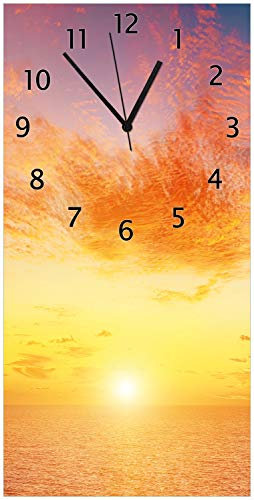 Wallario Design-Wanduhr Sonnenuntergang über dem Meer - rote Wolken und Blauer Himmel aus Glas, Motiv-Uhr Größe 30 x 60 cm, Schwarze Zeiger