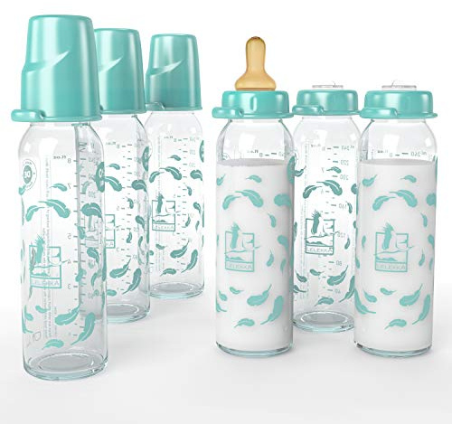 6er Pack Sparset Lelekka® Standard Glasflasche mit Rund Sauger aus Latex, Größe M, Milch, ab Geburt, 240 ml, Naturlatex