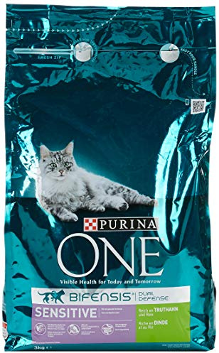 PURINA ONE BIFENSIS Sensitive Katzentrockenfutter: reich an Truthahn & Reis, hohe Verträglichkeit bei Katzen mit empfindlicher Verdauung, mit Omega 6, 3 kg