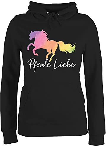 Pullover Damen Hoodie Frauen - Pferde Liebe mit buntem Pferd - XL - Schwarz - pferdepullover reitoberteil pferdeliebhaber für reitlehrerin pulli pferdepullies mädchen pferdepulloverdamen reiten
