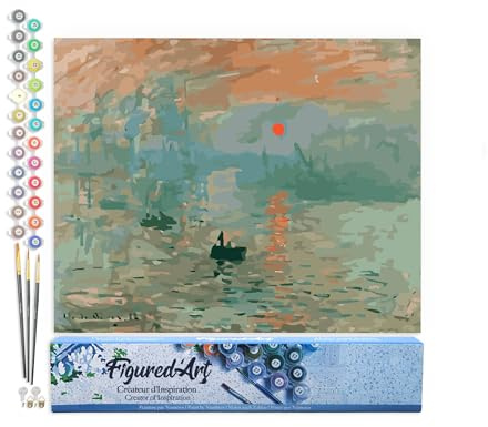 Figured'Art Peinture par Numéro Adulte Monet Impression Soleil Levant - Activité Manuelle Kit de Loisir Créatif DIY Numéro d'Art Complet - 40x50cm sans châssis en bois