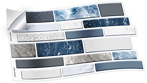 WALPLUS 12pcs(28.5x14cm/11.2x5.5in) 12 Pieces Purity Stone Blue and Grey Mosaic Wall Tile Sticker Peel & Stick Backsplash Vinyl Home Decors Splashback for Kitchen Bathroom Tile Paint Stick on Wall