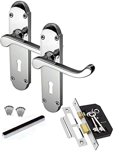 Golden Grace Epsom Lever Lock Door Handles, Polished Chrome, 168x42mm | Includes 3-lever lock, 2 keys, spindles, hinges, and screws for full interior or exterior setup in a polished chrome finish.