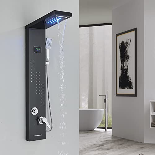 fyheast Columna de ducha LED 5 funciones Modo Agua Panel ducha cascada ducha de lluvia con chorro trasero bañera con sistema de visualización de la temperatura Sistema de ducha