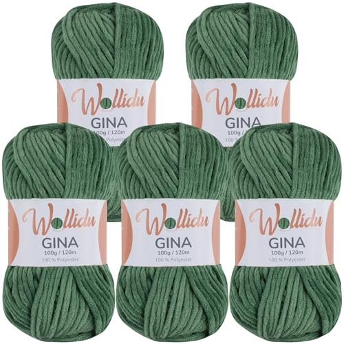 Wollidu Gina Chenille Wolle/Chenillegarn 5 × 100 g Set – 100% Polyester – je 120 m – Garnstärke 5 mm – zum Stricken & Häkeln – samtig-weiches Plüschgarn – Farbe Grün 70476